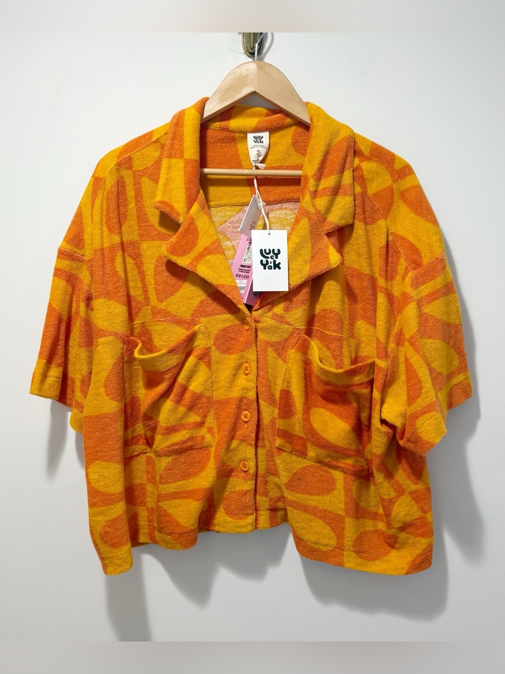 Lucy & Yak Terry Cloth Cropped Button-Up Shirt Orange Seventies Soul New Size XL